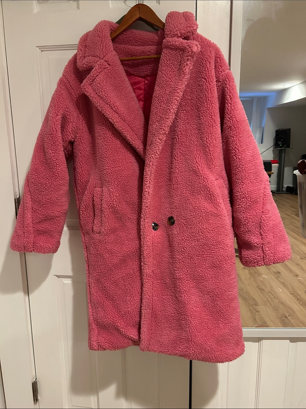 Women's Pink Teddy Coat - Plush Faux-Sherpa Long Jacket